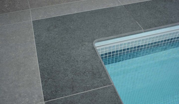 Swimming pool corner copings with 90° internal corner coping stone in Boston Porcelain