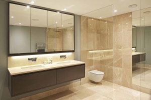 Bespoke bathroom vanity tops, wall and floor tiles in DeVere Marble. 